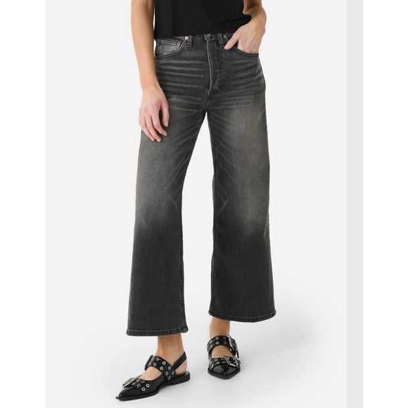 Re/Done Womens 27 (34x26.5) High Rise Wide Leg Crop Jeans 90s Grunge Black Vein